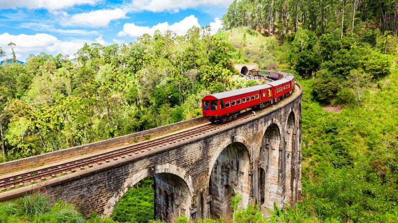 Train on Sri Lanka's Nine Arch Bridge