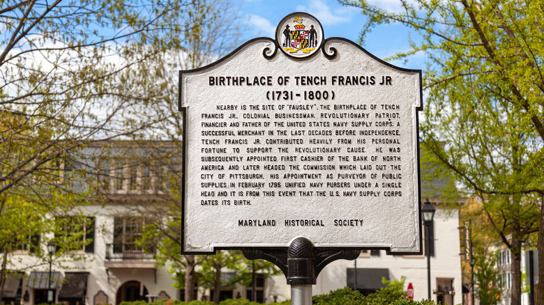 Historic landmark sign of the birthplace of Tench Francis Jr. in Easton, Maryland