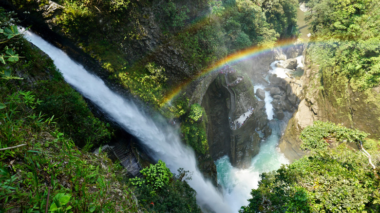 Rainbow over the falls of Cascada Pailon del Diablo in Banos, Ecuador