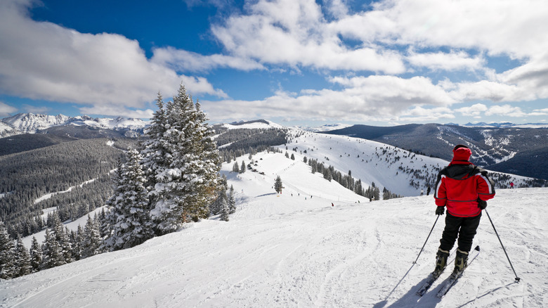 Skiier looking at the apline view of the Rocky Mountains