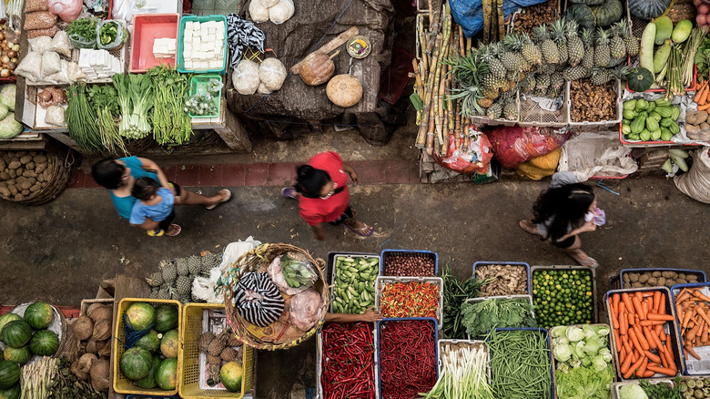 Aerial view of a colorful fruit market in Bali