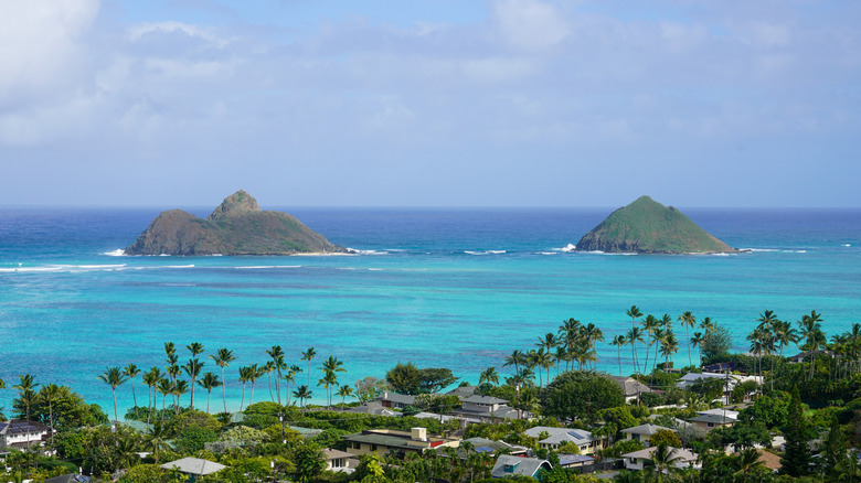 Aerial view of Na Mokulua off the coast of Oahu