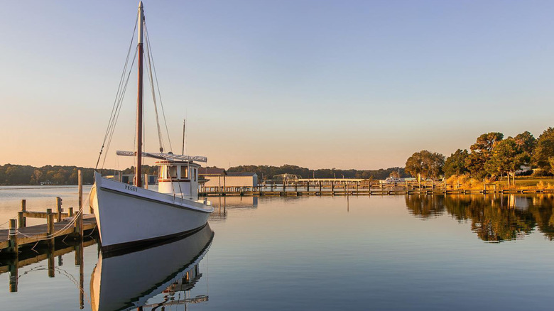 Historic Chesapeake Bay fishing boat docked at Gwynn's Island