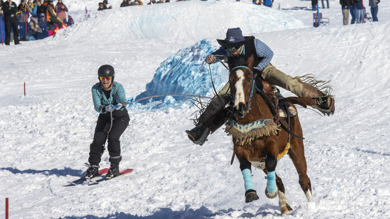 Skier being pulled by a horse