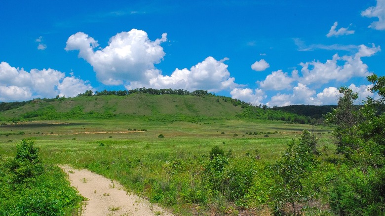 A hiking path leads to a green bluff in the distance with blue sky and clouds overhead