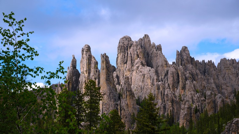 mountains against clouds and blue sky in Custer State Park