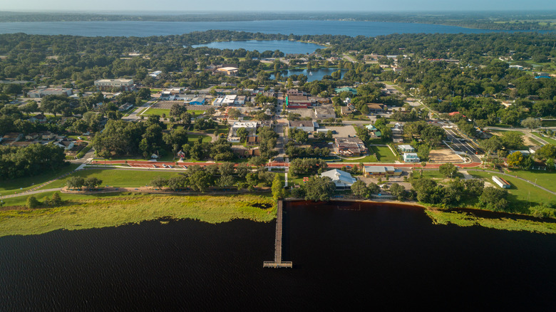 Aerial view of downtown Clermont with parks and fishing pier