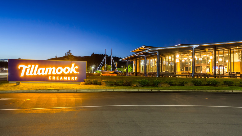 Tillamook Creamery in Oregon coastal town with lights at night