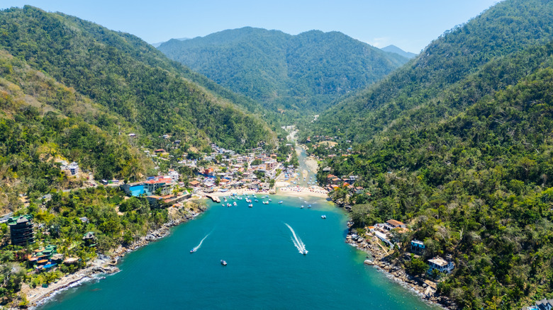 Aerial view of the fishing village of Boca de Tomatlán in Mexico