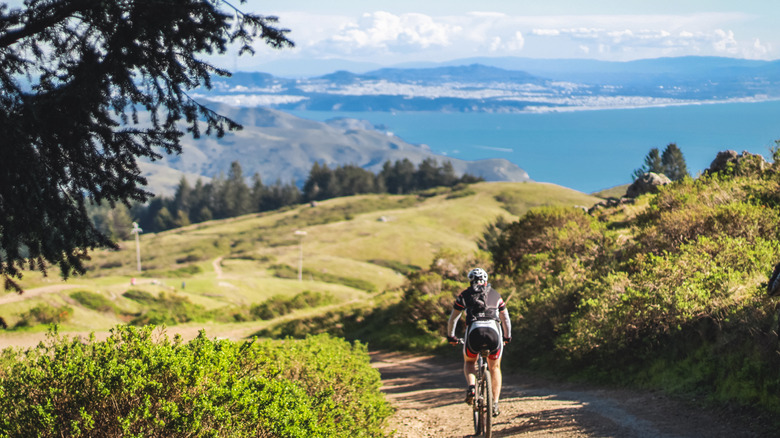 Cyclist on the Pacific Coast Trail in Marin County, California.