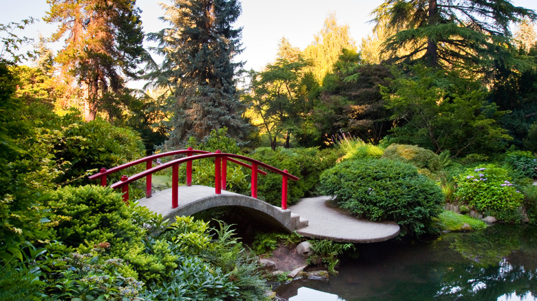 Red moon bridge over pond at Kubota Garden, Seattle.