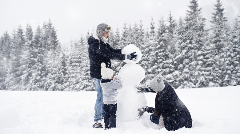 family building a snowman