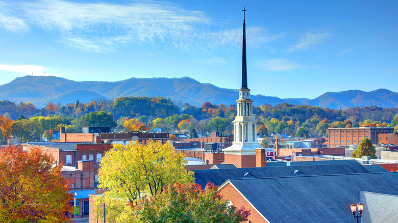 Rooftops and mountains in Johnson City, Tennessee, in autumn