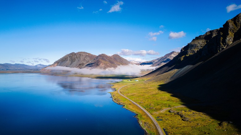 Road alongside Icelandic fjord in daylight