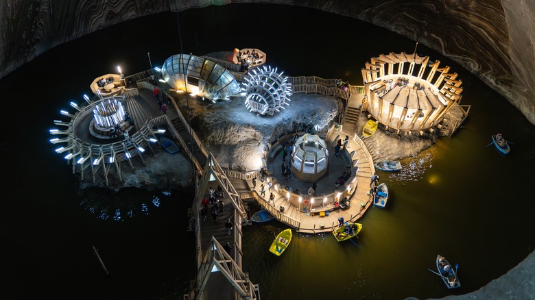 Salina Turda theme park boats and illuminated structures