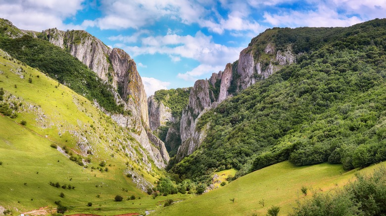 Lush, green Turda Gorge against blue, cloudy sky