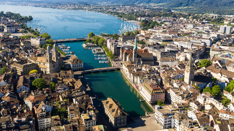 An overhead view of Zurich, Switzerland on a sunny day