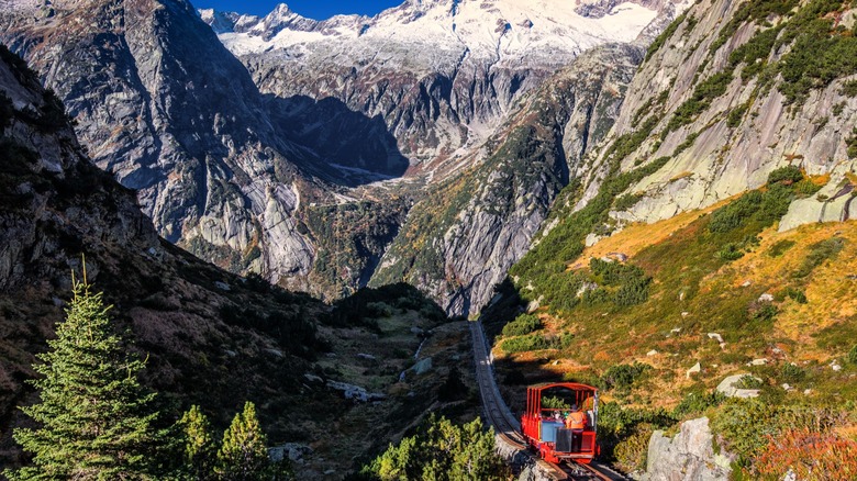 The Gelmerbahn, a funicular in Bern, Switzerland, going through the mountains