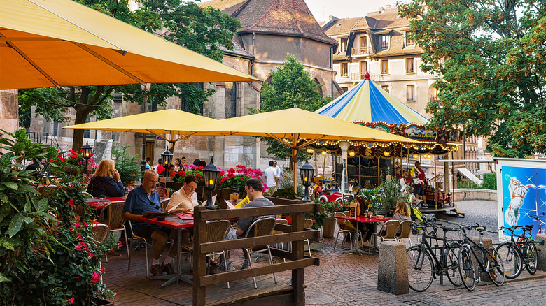 Open air dining in Geneva's old town plazas, Switzerland