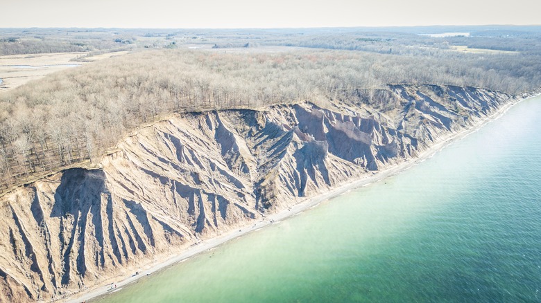 view of cliffs at chimney bluffs in winter