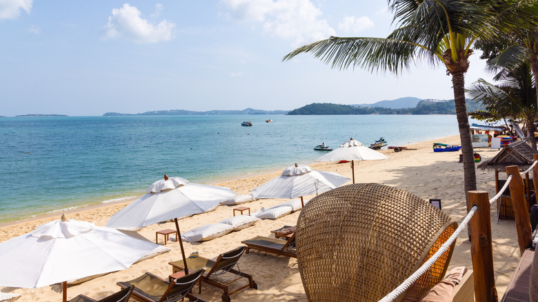 White umbrellas on Thailand beach