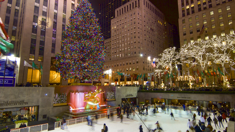 View of Rockefeller Center ice skating rink and tree during Christmas