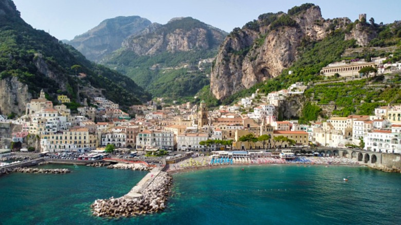 Aerial view of Amalfi with causeway and cathedral