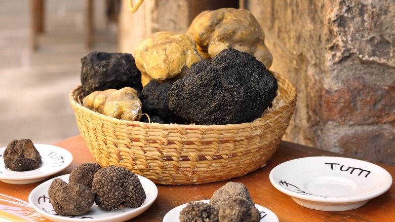 Truffles in basket on table