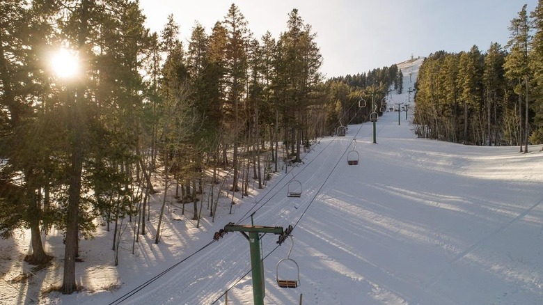 A ski hill in Montana with the sun shining through trees