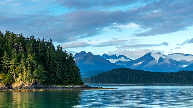 Snowcapped mountains near Juneau, a stop on the Alaska Marine Highway