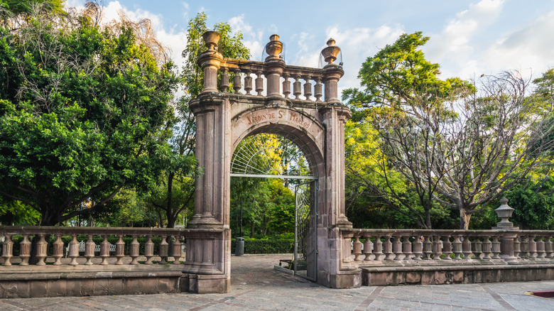 Stone gate and entrance to the Jardín de San Marcos in Aguascalientes