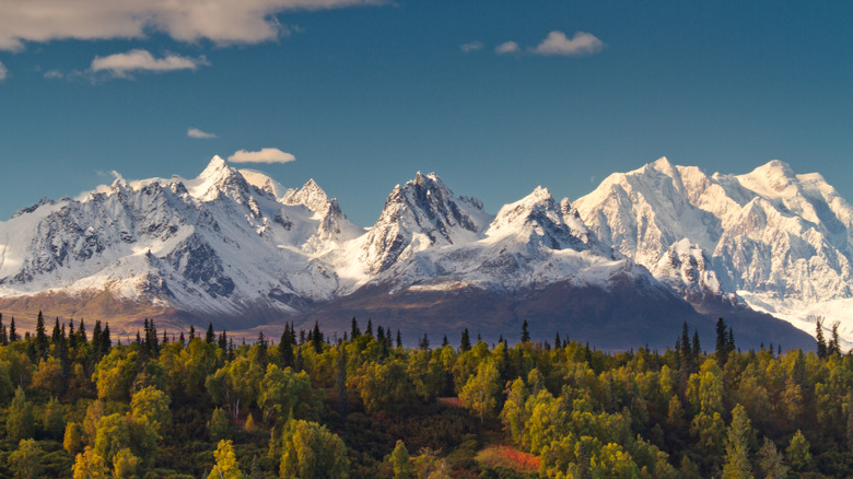 View of snow-topped Denali mountains in Alaska