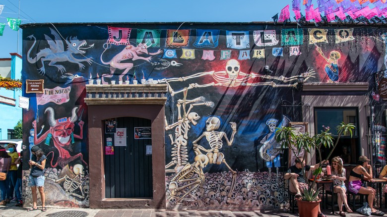 Mural of skeletons on a wall