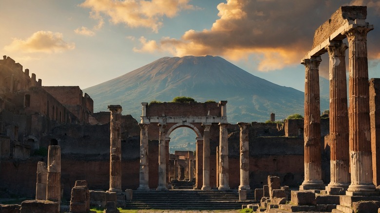 Mount Vesuvius behind Pompeii ruins