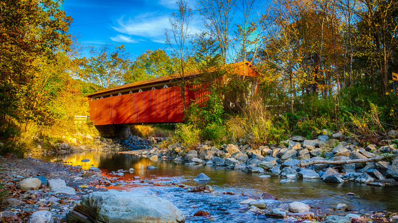 Everett Covered Bridge with water in the foreground