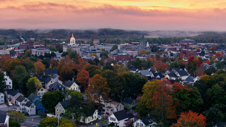 Concord, New Hampshire aerial fall landscape at sunset