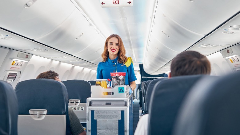 flight attendant with aisle tray