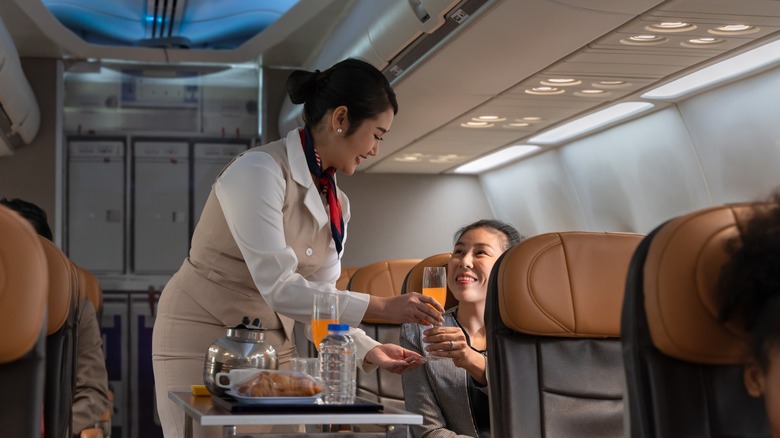 flight attendant serving meal