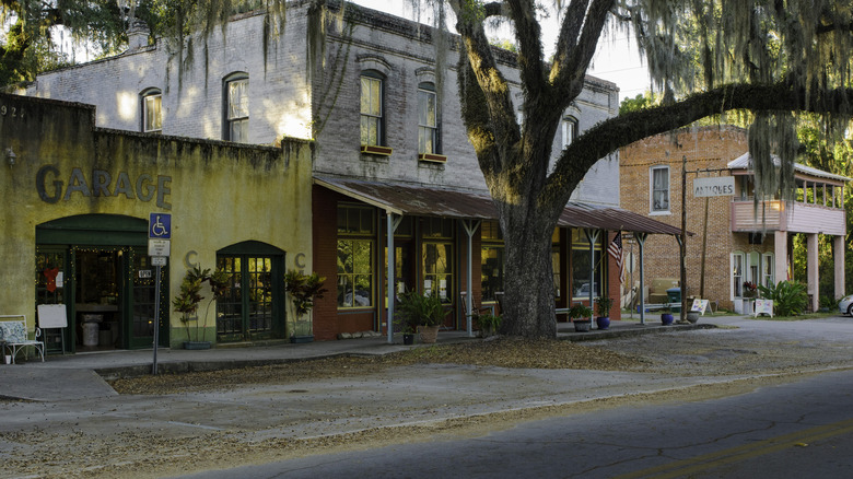 View of Micanopy, Florida from the main street showing colorful architecture and old buildings