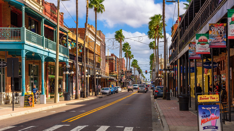 View down a palm tree-lined street in Ybor City, Tampa