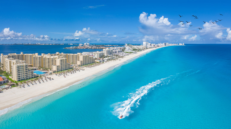 Cancun hotel zone and water aerial shot