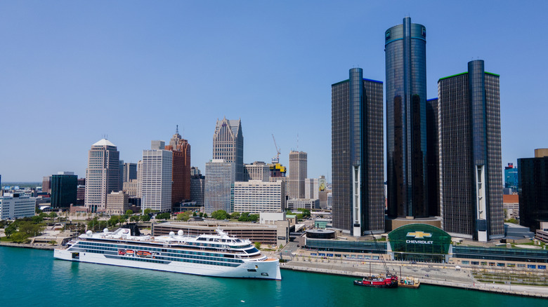 A cruise ship docked at Detroit, Michigan