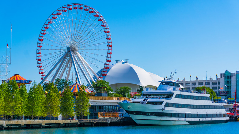 A cruise ship docked next to Navy Pier in Chicago