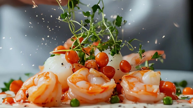 Raw shrimp garnished with herbs, accompanied by scallops