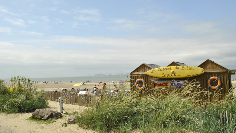 View of the Plage du Butin outside of Honfleur with beach shack