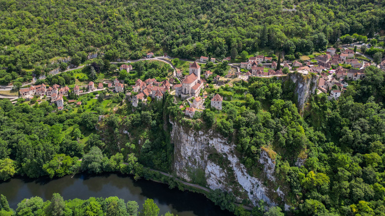 A bird's eye view of Saint-Cirq-Lapopie overlooking the Lot River