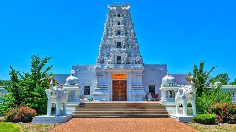 facade of Hindu Temple and Cultural Center of Iowa in Madrid