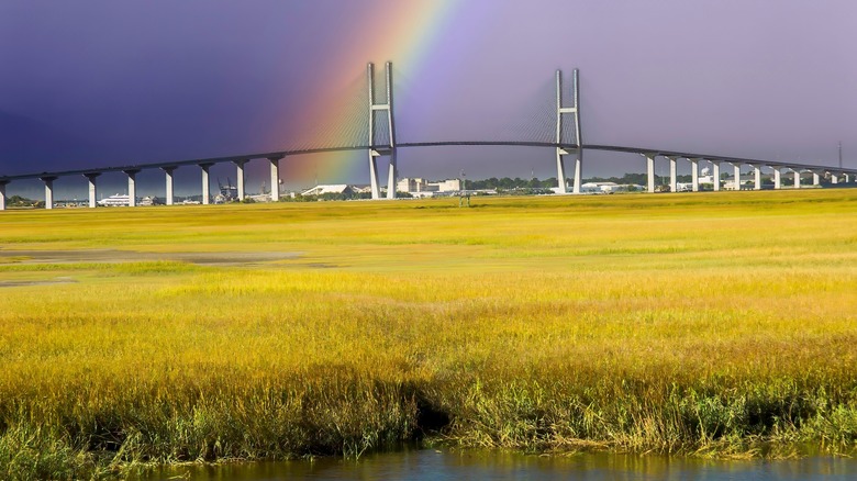 A rainbow behind the Sidney Lanier Bridge in Brunswick, Georgia