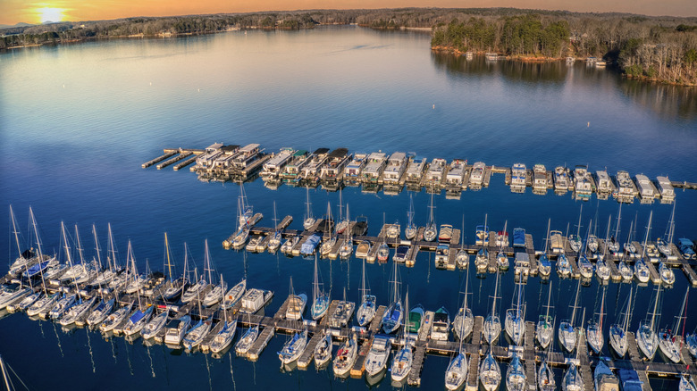 Boats docked at the Lake Lanier marina at sunset