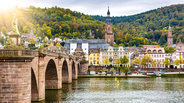 A bridge and buildings lining the river in Heidelberg, Germany